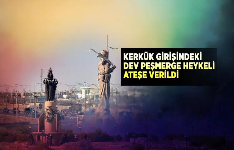 Kerkük girişindeki dev peşmerge heykeli ateşe verildi