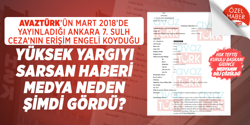 AVAZTÜRK’ün MART 2018’de yayınladığı Ankara 7. Sulh Ceza’nın erişim engeli koyduğu Yüksek Yargıyı sarsan haberi medya şimdi neden gördü?
