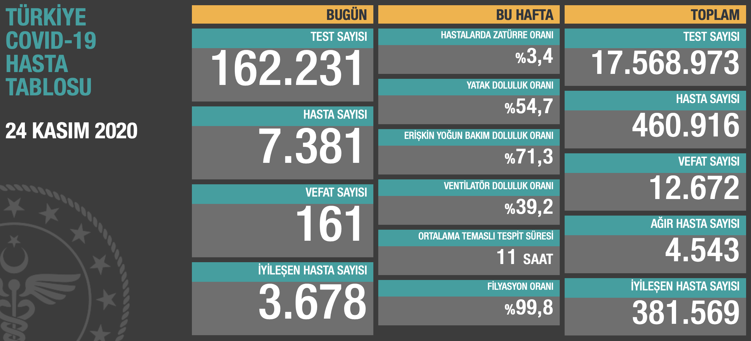 Türkiye'de son 24 saat içinde 7 bin 381 yeni hasta tespit edildi