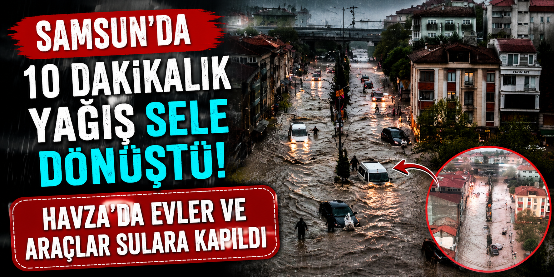 Samsun’da 10 Dakikalık Yağış Sele Dönüştü! Havza’da Evler ve Araçlar Sulara Kapıldı