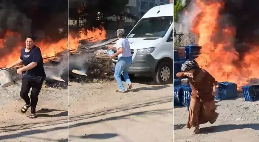 Alevler Arasında Nefes Kesen Kurtarma! Mahalleli Minibüsü Son Anda Çekip Çıkardı