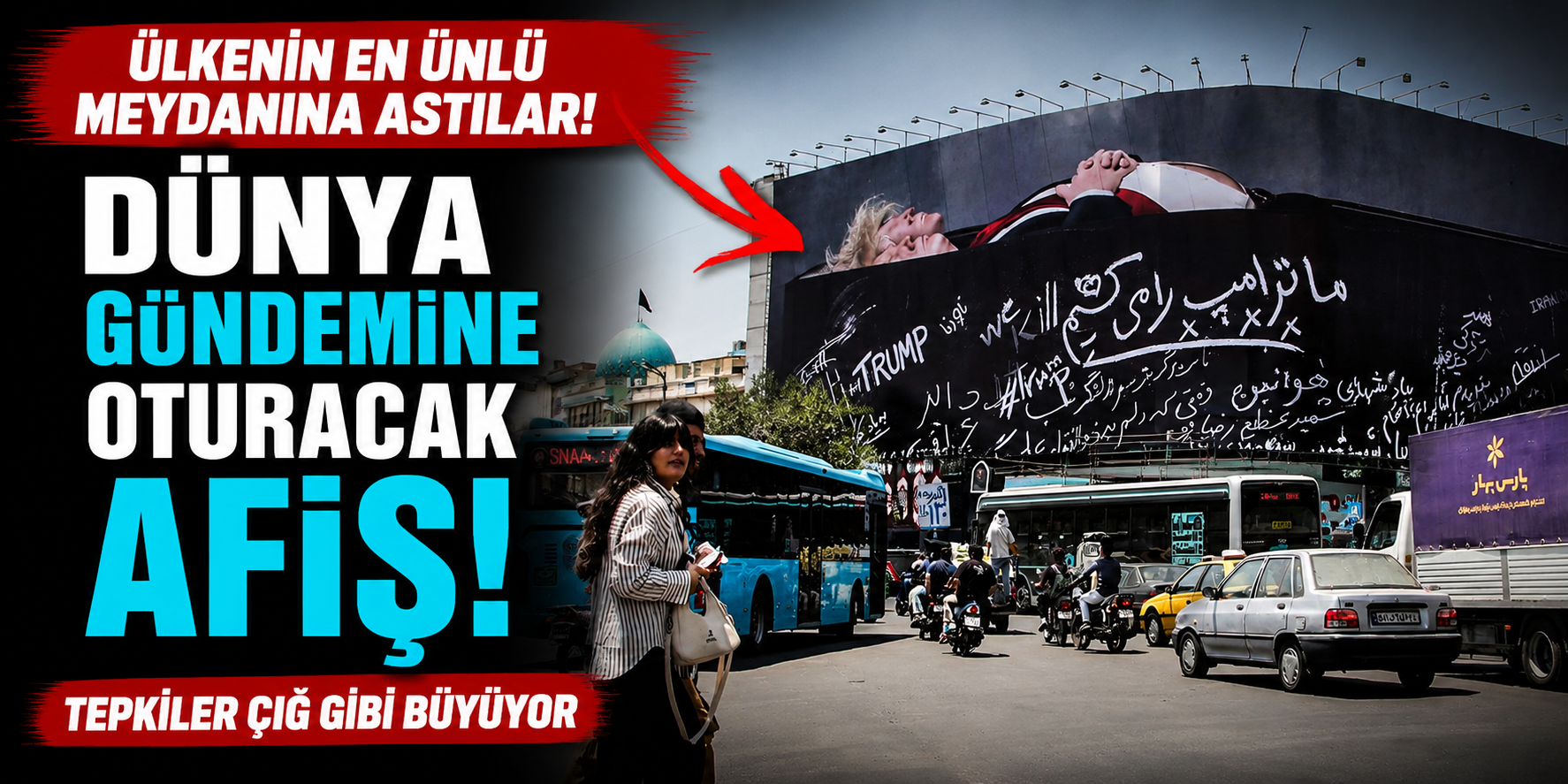 Tahran’ın Göbeğinde Dikkat Çeken Görüntü! Trump’ı Siyah Tabutun İçinde Resmettiler