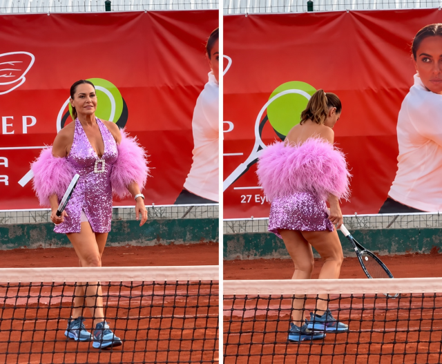 Hülya Avşar tenis kortuna bu kıyafetle çıktı: Pembe tüyleri gören dönüp bir daha baktı